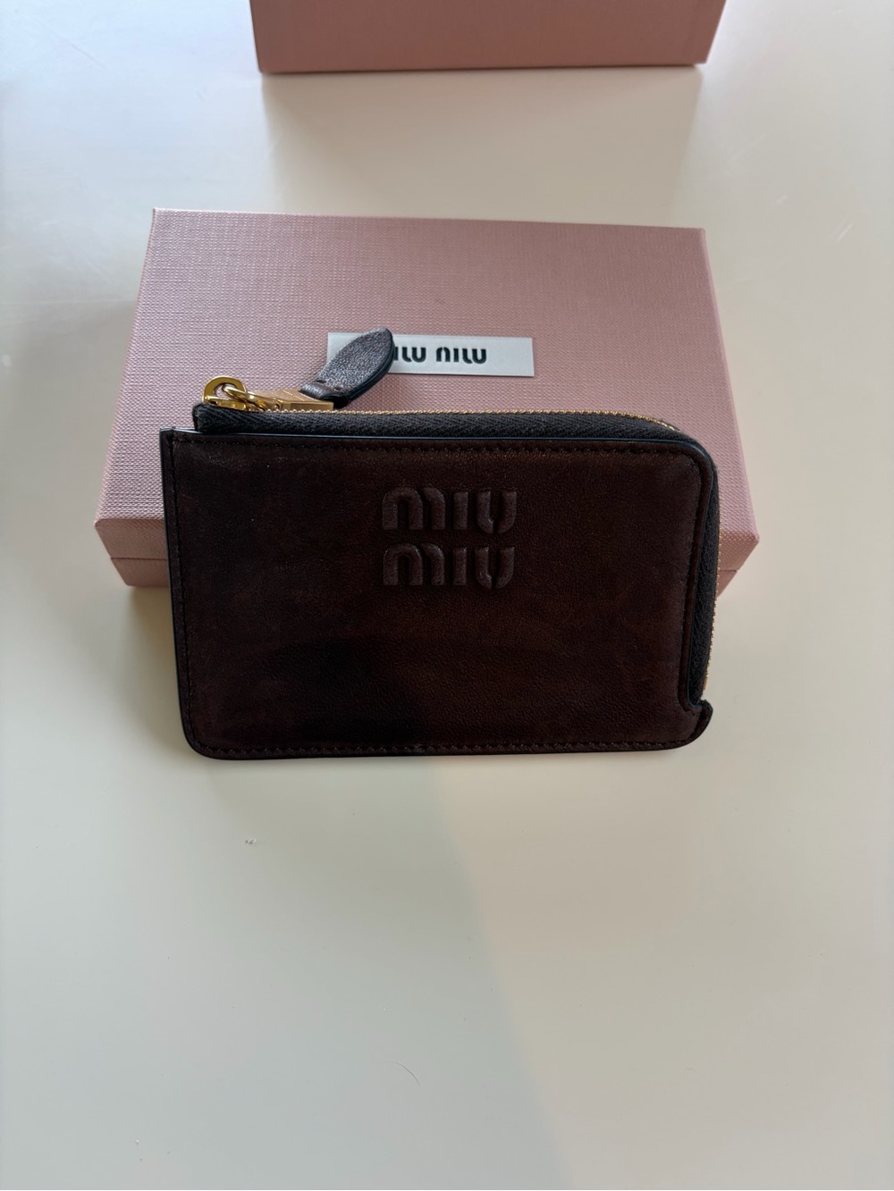 Miu Miu Brown Leather Nappa Embossed Zip Card Holder